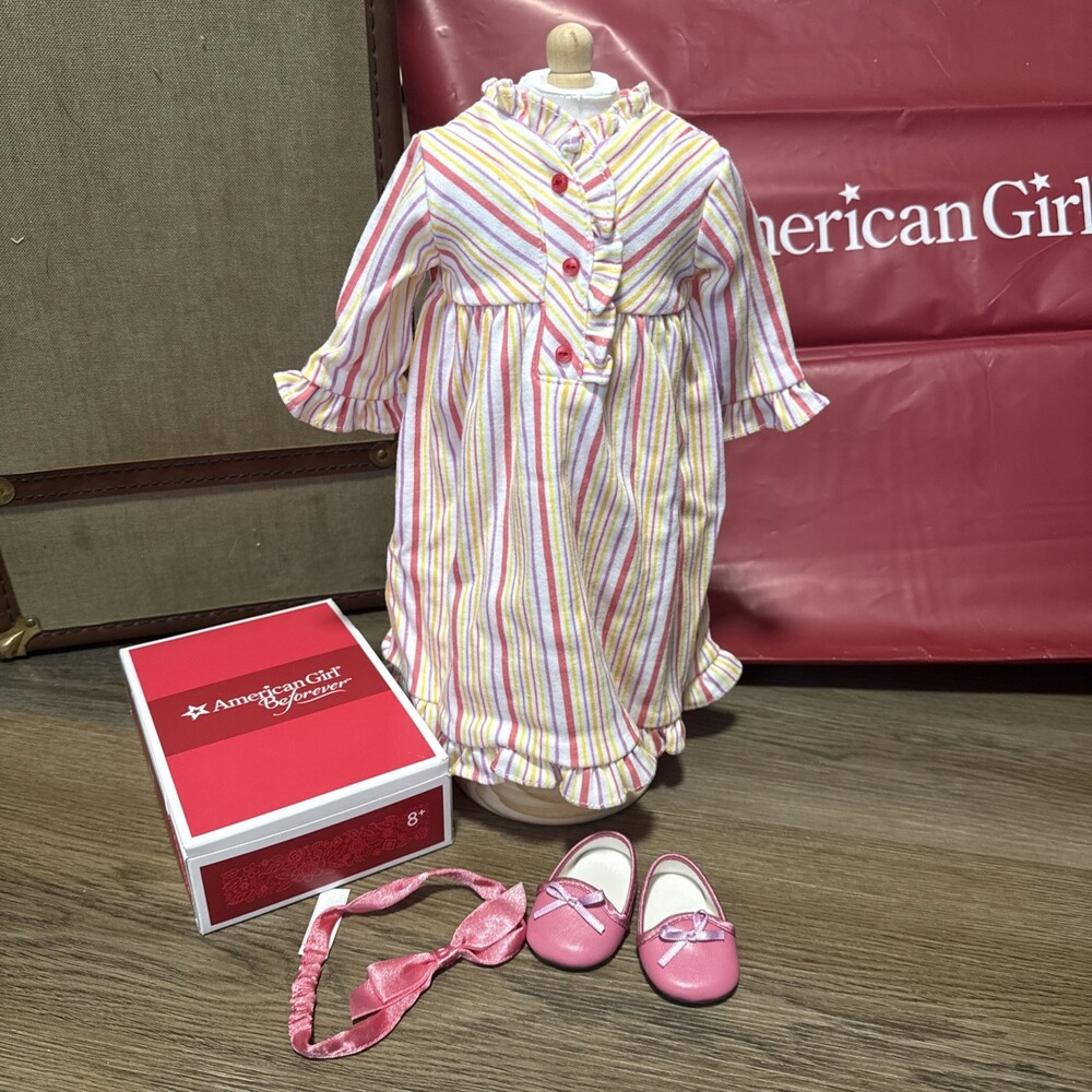 American Girl Kit Striped Nightgown/ Pajamas W Headband Slippers & Box
